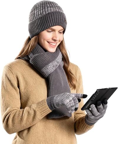Womens Winter Warm Knit Beanie Hat Touchscreen Gloves Long Scarf Set Skull Cap Unisex Adult Royal Blue in Saudi Arabia
