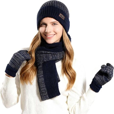 Womens Winter Warm Knit Beanie Hat Touchscreen Gloves Long Scarf Set Skull Cap Unisex Adult Royal Blue in Saudi Arabia