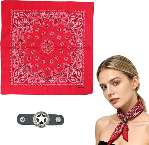 Western Bandana Scarf with Star Ring Buckle, Paisley Pattern Neck Head Wear Cowboy Square Scarf for Men Women in Kuwait