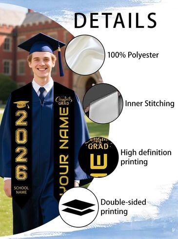 Dicodes Custom Graduation Stoles with Photo Personalized Congratulation Gifts Class of 2026 Graduation Sash for University in Saudi Arabia