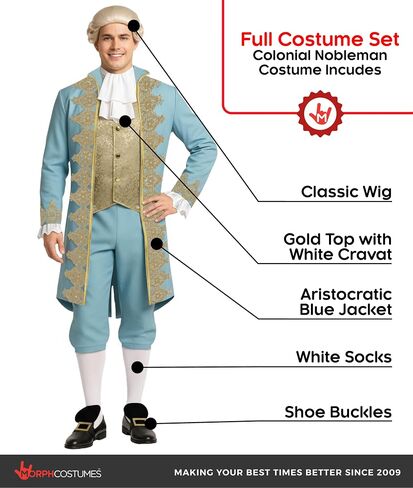 Morph Rennaisance Costume Mens, Colonial Costume Men, 1700s Costume Adult, Halloween Costumes For Men in Kuwait