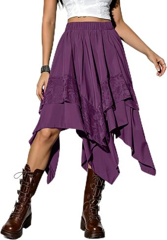 Women's Renaissance Pirate Skirt Y2K Lace Trim Midi Skirts Halloween Gothic Cosplay Flowy Layered Fairy Costume in Saudi Arabia