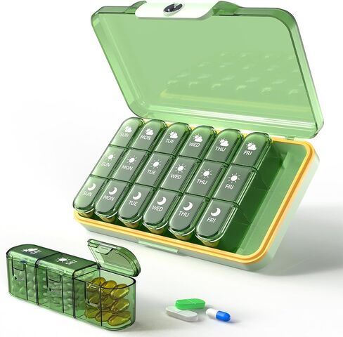 Weekly Pill Organizer 3 Times a Day, 7 Day Pill Box with Detachable Daily Boxes – Moisture-Proof & Light-Proof Portable Travel Case for Pills, Vitamins, Fish Oil & Supplements (Green) in Saudi Arabia