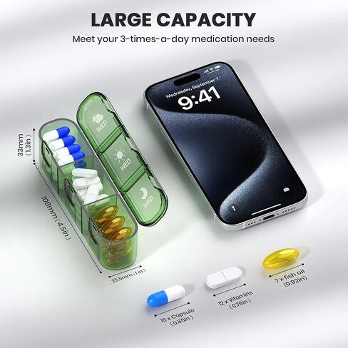 Weekly Pill Organizer 3 Times a Day, 7 Day Pill Box with Detachable Daily Boxes – Moisture-Proof & Light-Proof Portable Travel Case for Pills, Vitamins, Fish Oil & Supplements (Green) in Saudi Arabia