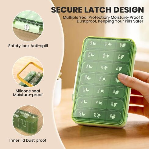 Weekly Pill Organizer 3 Times a Day, 7 Day Pill Box with Detachable Daily Boxes – Moisture-Proof & Light-Proof Portable Travel Case for Pills, Vitamins, Fish Oil & Supplements (Green) in Saudi Arabia