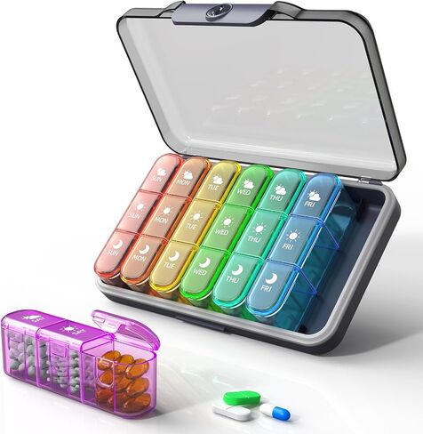 Weekly Pill Organizer 3 Times a Day, 7 Day Pill Box with Detachable Daily Boxes – Moisture-Proof & Light-Proof Portable Travel Case for Pills, Vitamins, Fish Oil & Supplements (Green) in Saudi Arabia