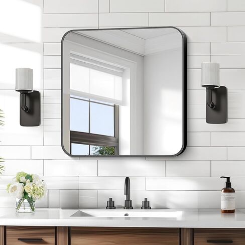 KOCUUY Square Bathroom Mirror, 24"x24" Black Rectangle Vanity Mirror, Black Metal Frame Mirror with Rounded Corner for Bathroom, Bedroom, Living Room, Entryway in Saudi Arabia