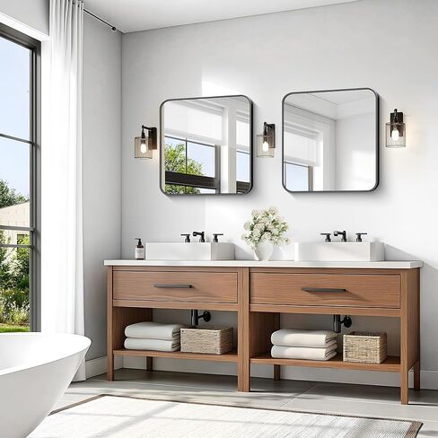 KOCUUY Square Bathroom Mirror, 24"x24" Black Rectangle Vanity Mirror, Black Metal Frame Mirror with Rounded Corner for Bathroom, Bedroom, Living Room, Entryway in Saudi Arabia