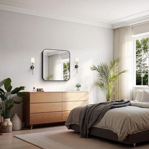 KOCUUY Square Bathroom Mirror, 24"x24" Black Rectangle Vanity Mirror, Black Metal Frame Mirror with Rounded Corner for Bathroom, Bedroom, Living Room, Entryway in Saudi Arabia