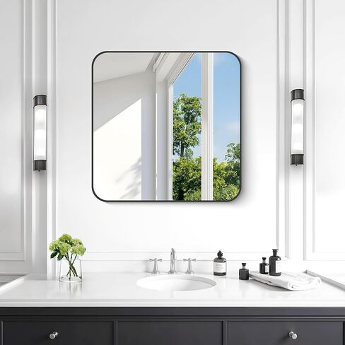 KOCUUY Square Bathroom Mirror, 24"x24" Black Rectangle Vanity Mirror, Black Metal Frame Mirror with Rounded Corner for Bathroom, Bedroom, Living Room, Entryway in Saudi Arabia
