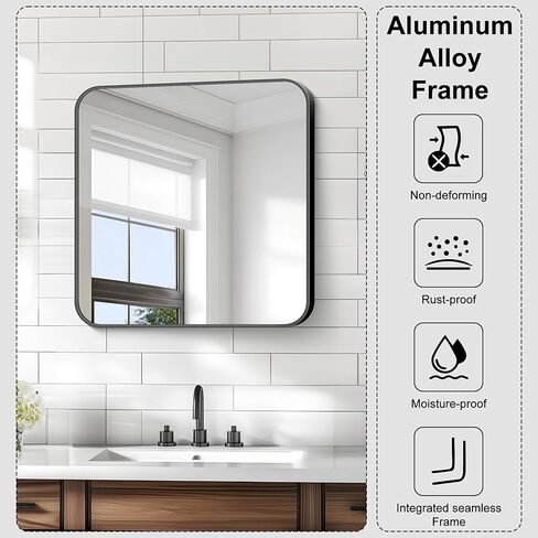 KOCUUY Square Bathroom Mirror, 24"x24" Black Rectangle Vanity Mirror, Black Metal Frame Mirror with Rounded Corner for Bathroom, Bedroom, Living Room, Entryway in Saudi Arabia