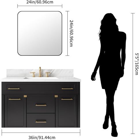 KOCUUY Square Bathroom Mirror, 24"x24" Black Rectangle Vanity Mirror, Black Metal Frame Mirror with Rounded Corner for Bathroom, Bedroom, Living Room, Entryway in Saudi Arabia