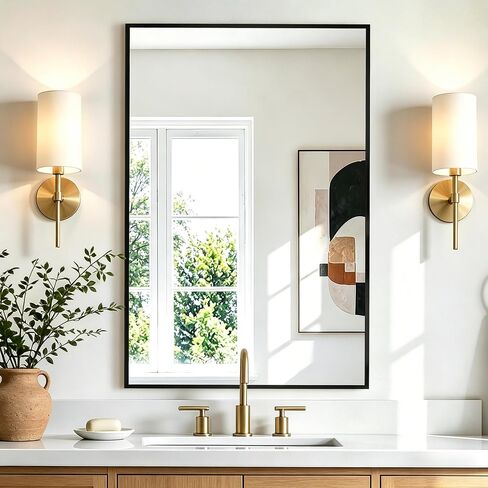 Rectangular Bathroom Mirror, 30"x20" Black Metal Framed Vanity Mirror, HD Shatterproof Wall Mirror, Horizontal or Vertical Hanging, Easy Installation for Bathroom, Bedroom, Living Room, Entryway in Saudi Arabia