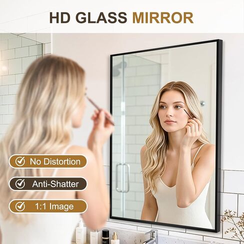 Rectangular Bathroom Mirror, 30"x20" Black Metal Framed Vanity Mirror, HD Shatterproof Wall Mirror, Horizontal or Vertical Hanging, Easy Installation for Bathroom, Bedroom, Living Room, Entryway in Saudi Arabia