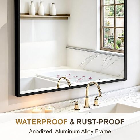 Rectangular Bathroom Mirror, 30"x20" Black Metal Framed Vanity Mirror, HD Shatterproof Wall Mirror, Horizontal or Vertical Hanging, Easy Installation for Bathroom, Bedroom, Living Room, Entryway in Saudi Arabia