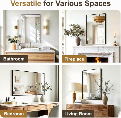 Rectangular Bathroom Mirror, 30"x20" Black Metal Framed Vanity Mirror, HD Shatterproof Wall Mirror, Horizontal or Vertical Hanging, Easy Installation for Bathroom, Bedroom, Living Room, Entryway in Saudi Arabia