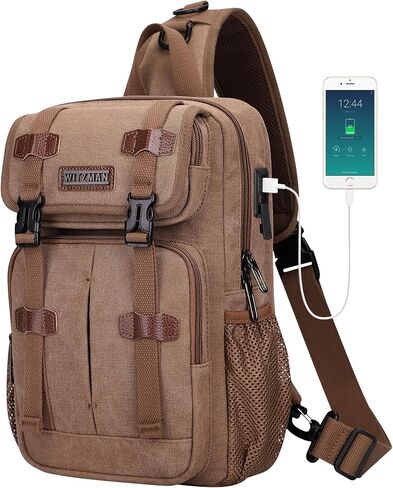 WITZMAN Sling Bag for Men Canvas Vintage Travel Crossbody Shoulder Bags Casual Large Chest Bag with USB Charging Port in Kuwait