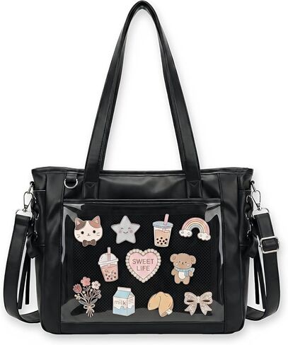Large Ita Bag Crossbody Tote with Clear Window & Insert, Kawaii Pin Display Purse with Lace-up Bows, PU Leather Messenger Bag for Anime Cosplay & Kpop Fans in Saudi Arabia