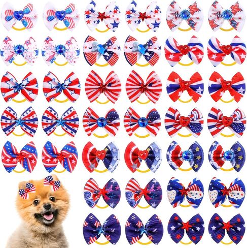 Weewooday 40 Pieces Dog Hair Bows Puppy Dog Hair Accessories Pet Hair Flag Clover Bows with Elastic Rubber Band for Girl Dog Accessories for Independence Day St. Patrick's Day (Shamrock Style) in Kuwait