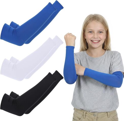 Bremorou 3 Pairs Arm Sleeves For Kids Uv Sun Protection Cooling Compression Sleeves Breathable Elastic For Basketball Volleyball Baseball Sports Youth Boys Girls (Black, White, Blue) in Kuwait
