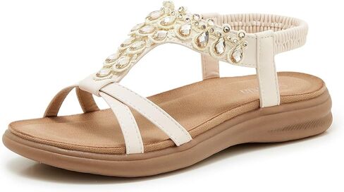 Women’s Rhinestone Flat Sandals – Bohemian T-Strap Summer Shoes 2026, Sparkly Elastic Back Strap for Beach Travel Walking in Kuwait