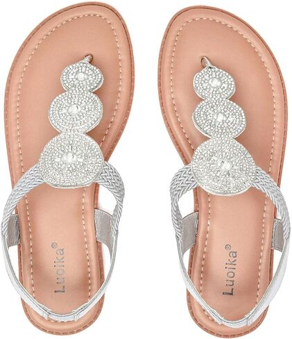 Luoika Women's Wide Width Rhinestone Flat T-Strap Sandals. | Wide Width, Slip-on, Flip Flop, Ankle Strap, Dress Shoes, Casual, Wedding, Daily Wear in Kuwait