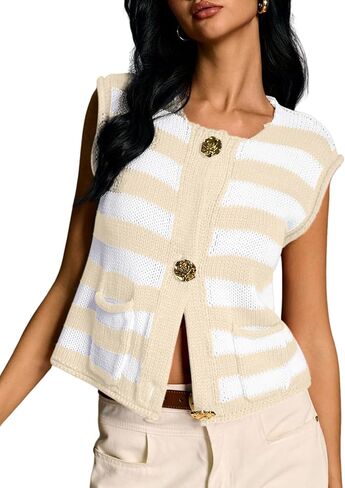 Womens Stripped Sleeveless Knit Sweater Vest Button Down Crop Tops with Pockets in Kuwait
