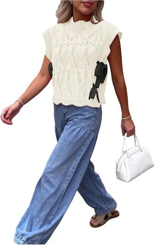 Women's Crochet Tank Tops Bow Tie Side Cute Sleeveless Summer Vacation Outfits Trendy Knit Crop Tops 2026 in Kuwait