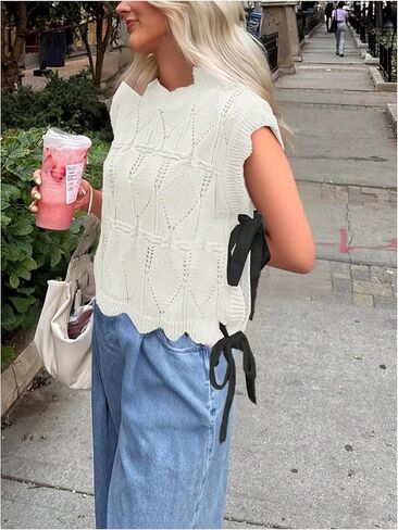 Women's Crochet Tank Tops Bow Tie Side Cute Sleeveless Summer Vacation Outfits Trendy Knit Crop Tops 2026 in Kuwait
