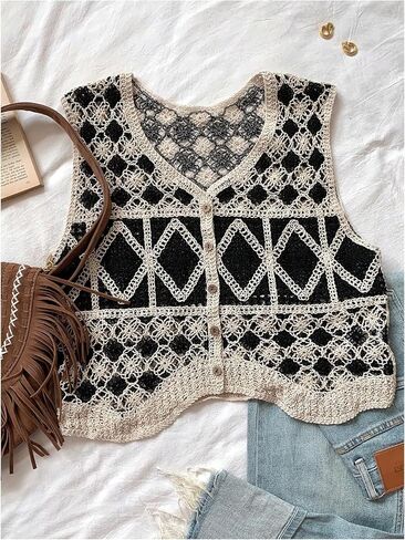 GORGLITTER Women's Boho Crochet Tank Tops Sleeveless V Neck Summer Vacation Knit Tops Western Cowgirl Nashville Outfits in Kuwait