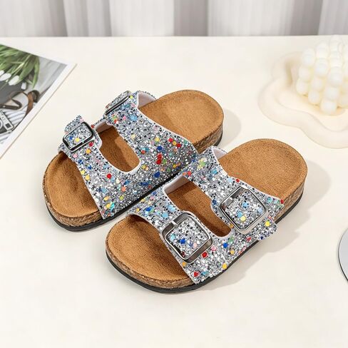 Toddler Kids Glitter Slide Sandals Comfortable Double Buckle Cork Footbed Slippers Non-Slip Indoor & Outdoor Shoes for Little Girls in Kuwait