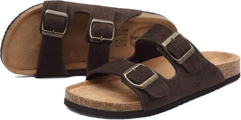 FANTURE Kids Sandals with Arch Support, Genuine Leather Cork Footbed Slide Sandals for Boys Girls, Adjustable Double Strap Lightweight Non Slip Flat Summer Beach Shoes in Kuwait