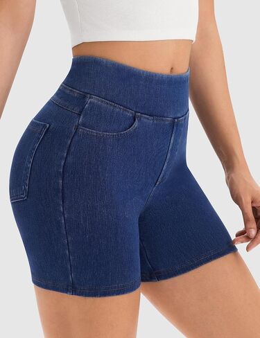 AVAMO Stretchy Jean Shorts for Women Pull On High Waisted Denim Shorts Elastic Waist Tummy Control Jorts with Pockets in Saudi Arabia