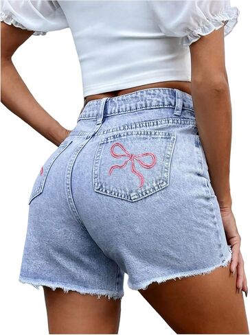 GORGLITTER Women's Y2k Denim Jean Shorts Casual Western Cowgirl Bow Embroidery Raw Straight Leg Rodeo Shorts Streetwear in Kuwait