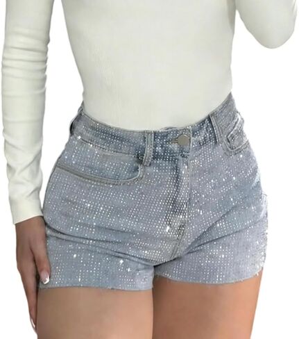 Tcremisa Womens Rhinestone Jean Shorts High Waisted Sparkly Glitter Frayed Raw Hem Distressed Denim Shorts Y2k Jorts in Saudi Arabia