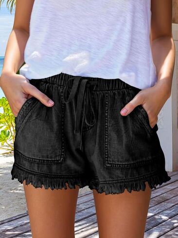 Women's Summer Mid Waist Elastic Denim Shorts Summer Shorts for Women Stretchy Short Casual Hot Pants with Pockets in Kuwait