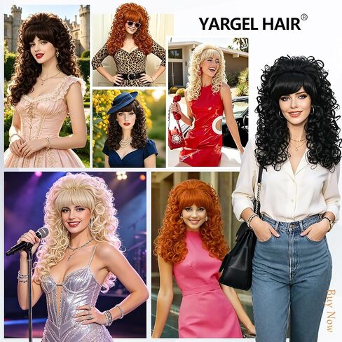 Blonde Curly Wigs for Women Long Curly Wavy Big Bouffant Beehive Wig with Bangs 70s 80s Drag Costume for Halloween Party (Blonde) in Kuwait