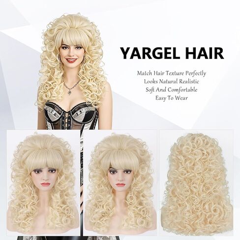 Blonde Curly Wigs for Women Long Curly Wavy Big Bouffant Beehive Wig with Bangs 70s 80s Drag Costume for Halloween Party (Blonde) in Kuwait