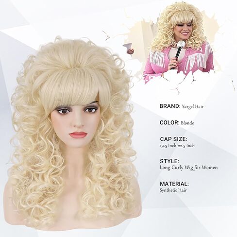 Blonde Curly Wigs for Women Long Curly Wavy Big Bouffant Beehive Wig with Bangs 70s 80s Drag Costume for Halloween Party (Blonde) in Kuwait