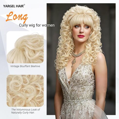 Blonde Curly Wigs for Women Long Curly Wavy Big Bouffant Beehive Wig with Bangs 70s 80s Drag Costume for Halloween Party (Blonde) in Kuwait