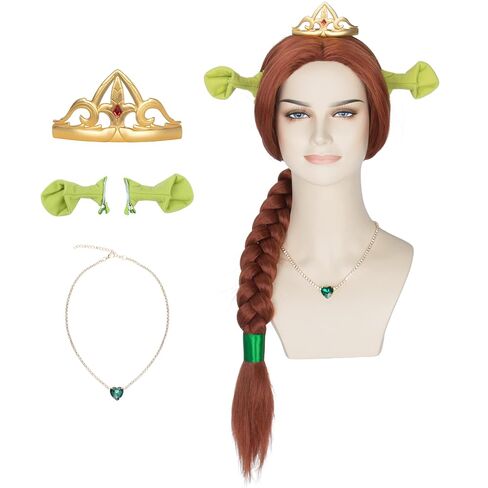 Auburn Braided Wig with Crown Necklace Green Ears and Ribbon for Women Cosplay Halloween Princess Wig in Saudi Arabia