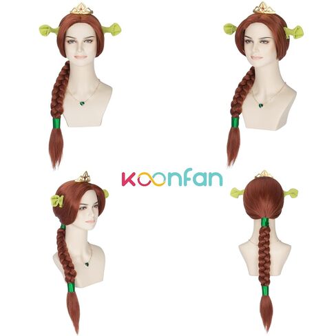 Auburn Braided Wig with Crown Necklace Green Ears and Ribbon for Women Cosplay Halloween Princess Wig in Saudi Arabia