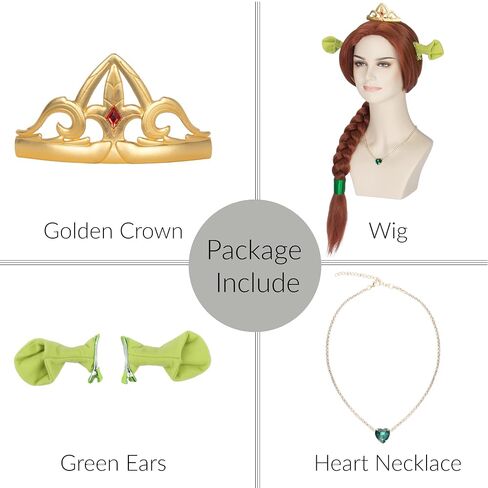 Auburn Braided Wig with Crown Necklace Green Ears and Ribbon for Women Cosplay Halloween Princess Wig in Saudi Arabia