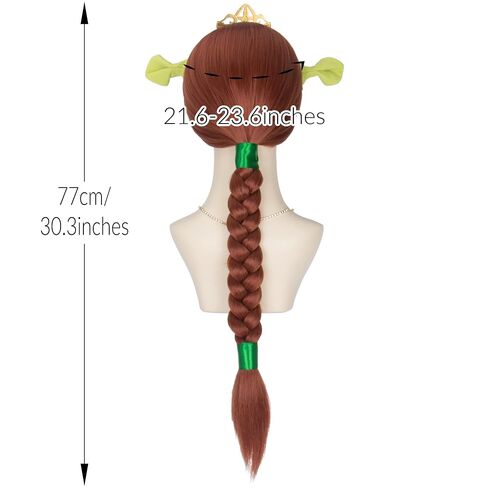 Auburn Braided Wig with Crown Necklace Green Ears and Ribbon for Women Cosplay Halloween Princess Wig in Saudi Arabia