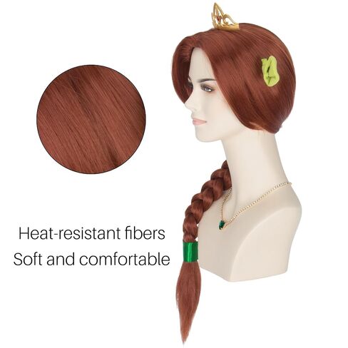 Auburn Braided Wig with Crown Necklace Green Ears and Ribbon for Women Cosplay Halloween Princess Wig in Saudi Arabia