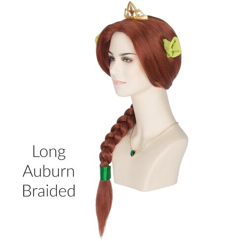 Auburn Braided Wig with Crown Necklace Green Ears and Ribbon for Women Cosplay Halloween Princess Wig in Saudi Arabia