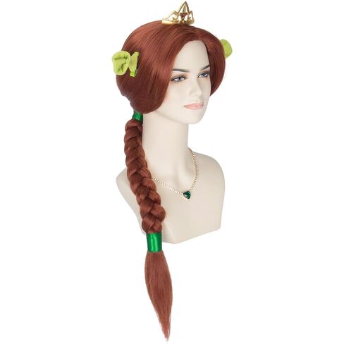 Auburn Braided Wig with Crown Necklace Green Ears and Ribbon for Women Cosplay Halloween Princess Wig in Saudi Arabia