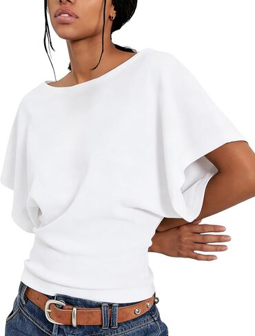 Boat Neck Batwing Tops for Women Cinched Waist Short Sleeve Loose Fit Tshirt Y2K Going Out Causal Tee Blouse in Kuwait