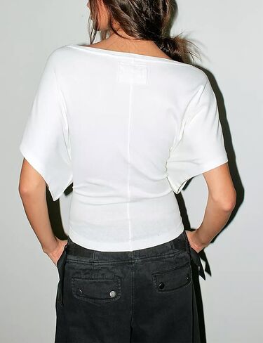 Boat Neck Batwing Tops for Women Cinched Waist Short Sleeve Loose Fit Tshirt Y2K Going Out Causal Tee Blouse in Kuwait