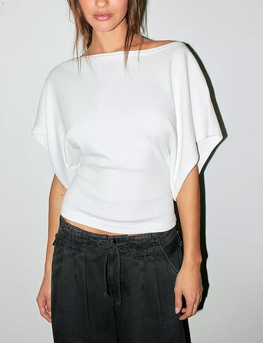 Boat Neck Batwing Tops for Women Cinched Waist Short Sleeve Loose Fit Tshirt Y2K Going Out Causal Tee Blouse in Kuwait